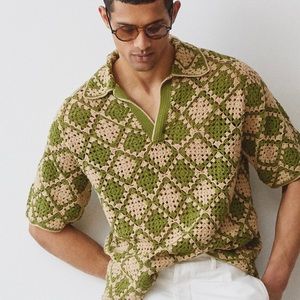 DIAMOND CROCHET SWEATER POLO IN OAK MOSS